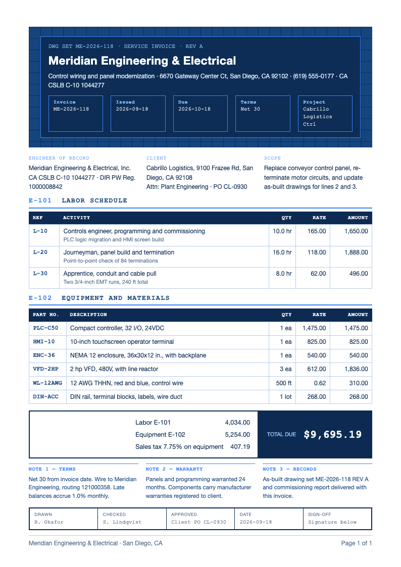 Blueprint technical electrical invoice